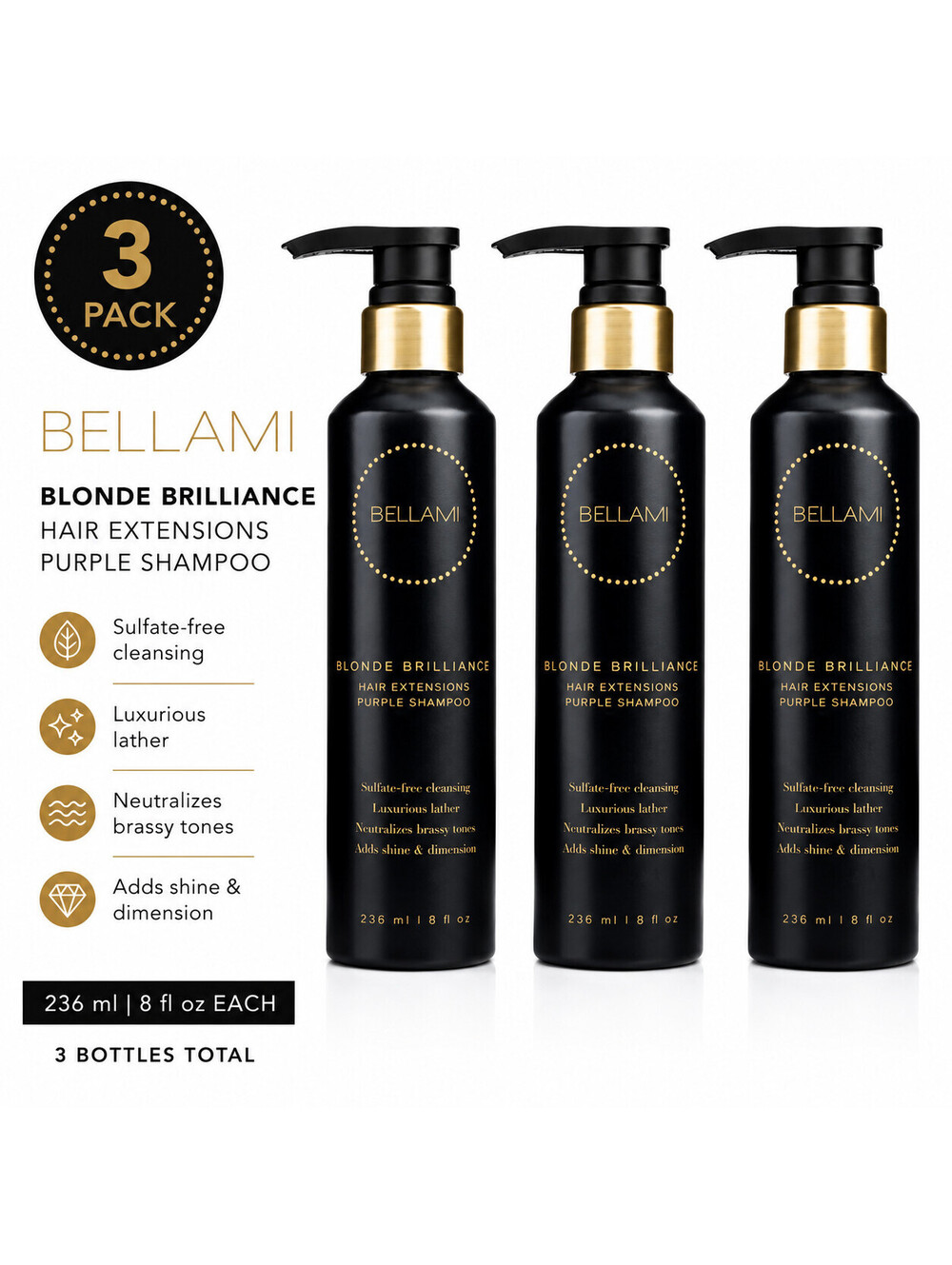 Bellami Blonde Brilliance Purple Shampoo 3-Pack 8oz Sulfate-Free Toning